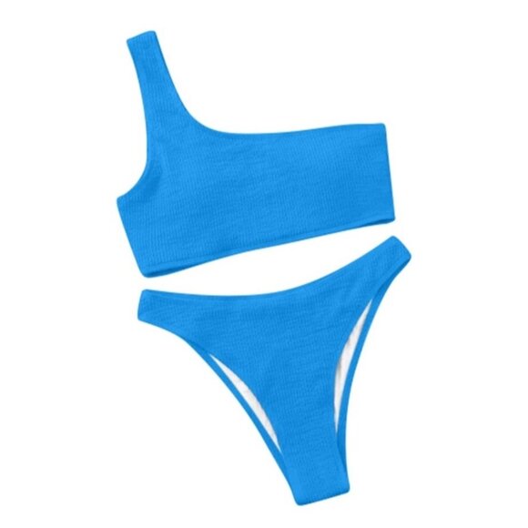 Women One-Shoulder Ribbed Bikini Blue Size M High-Waist Cheeky 2-Piece Swimsuit - Picture 3 of 8
